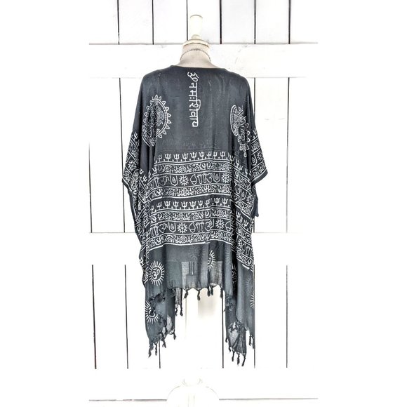 Black white om boho tassel cotton kimono cover up - Picture 4 of 4